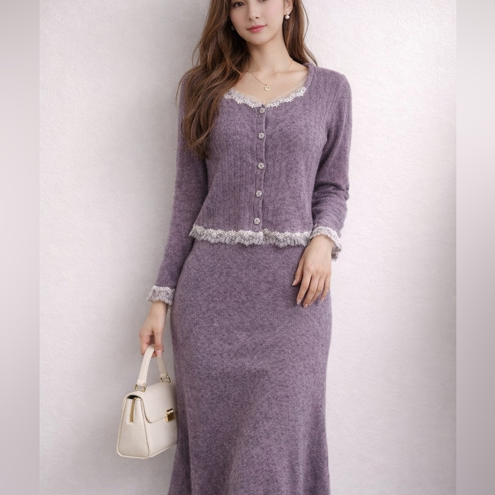 Purple Alpaca Wool blended Laced Trim Cardigan and Skirt Set